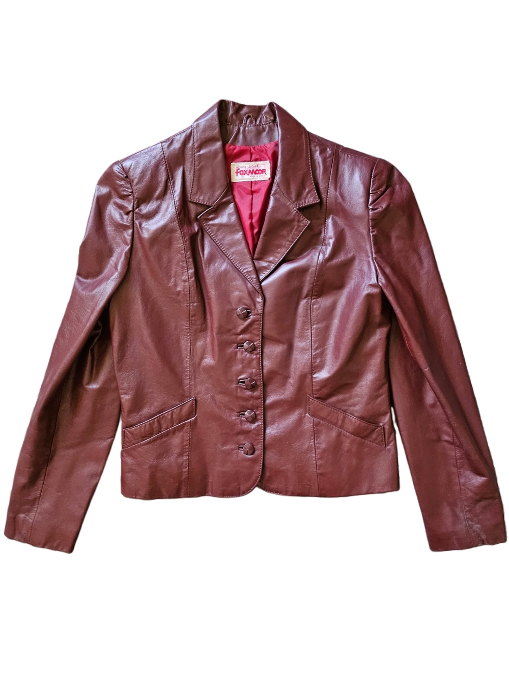 Vintage Foxwood burgundy 100% leather blazer with button front and pockets